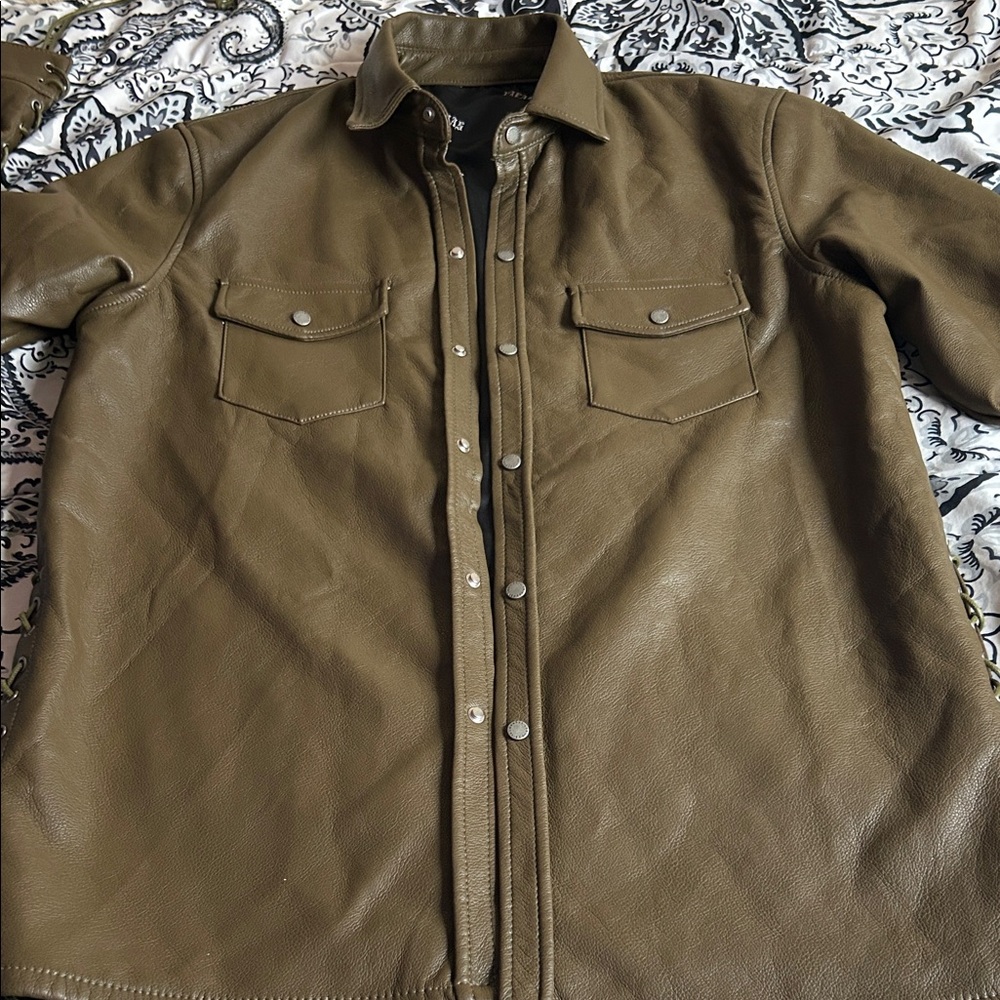 Mens valabasas Olive  Leather Snap-Front Dress Jacket